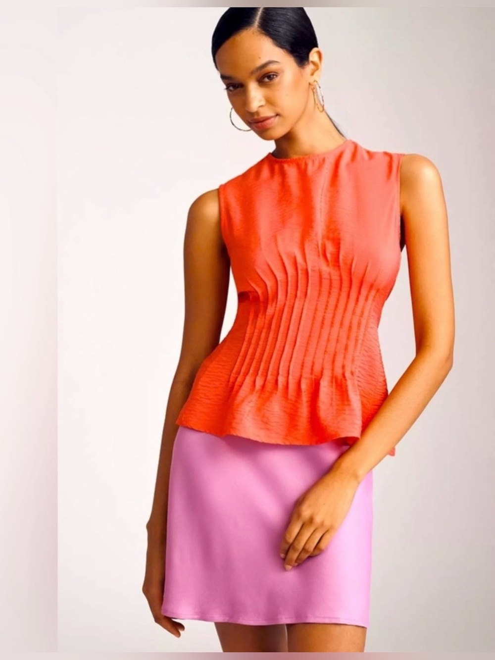 Anthropologie Della Pleated Shell Top-Coral Red-NWT
